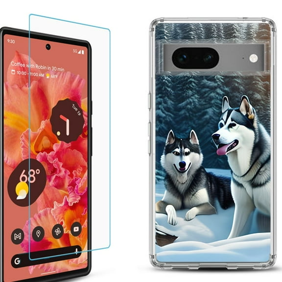 OneToughShield ® for Google Pixel 7a Shockproof Bumper Phone Case, with Tempered Glass Screen Protector - Husky Snow