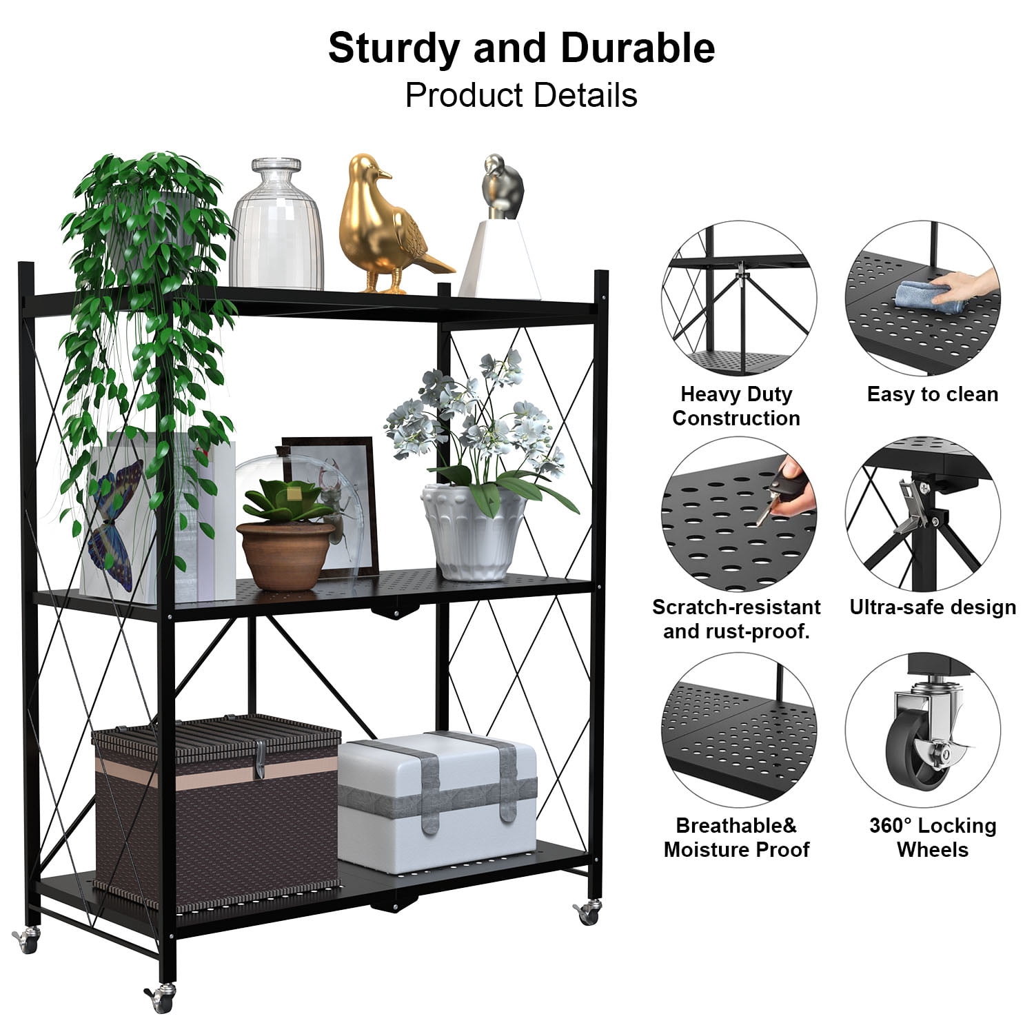 3 Tier Foldable Shelf with Wheels, Portable Carbon Steel No Assembly Organizer, Collapsible Rolling Standing Utility Storage Rack for Kitchen Pantry Office, Black