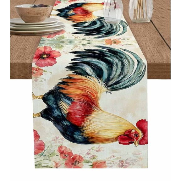 Pink Retro Rooster Burlap Cotton Table Runner 13x60 Inches Long, Farmhouse Spring Floral Farmhouse Table Runners, Outdoor Dining Tablecloths Decor for Baby Shower/Party/Wedding