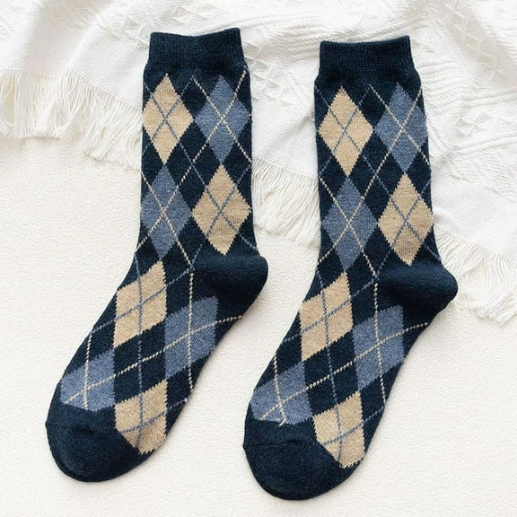 2 Pairs Prussian Blue Rhombus Pattern Wool Crew Socks 10mm Winter Thermal for Men Women