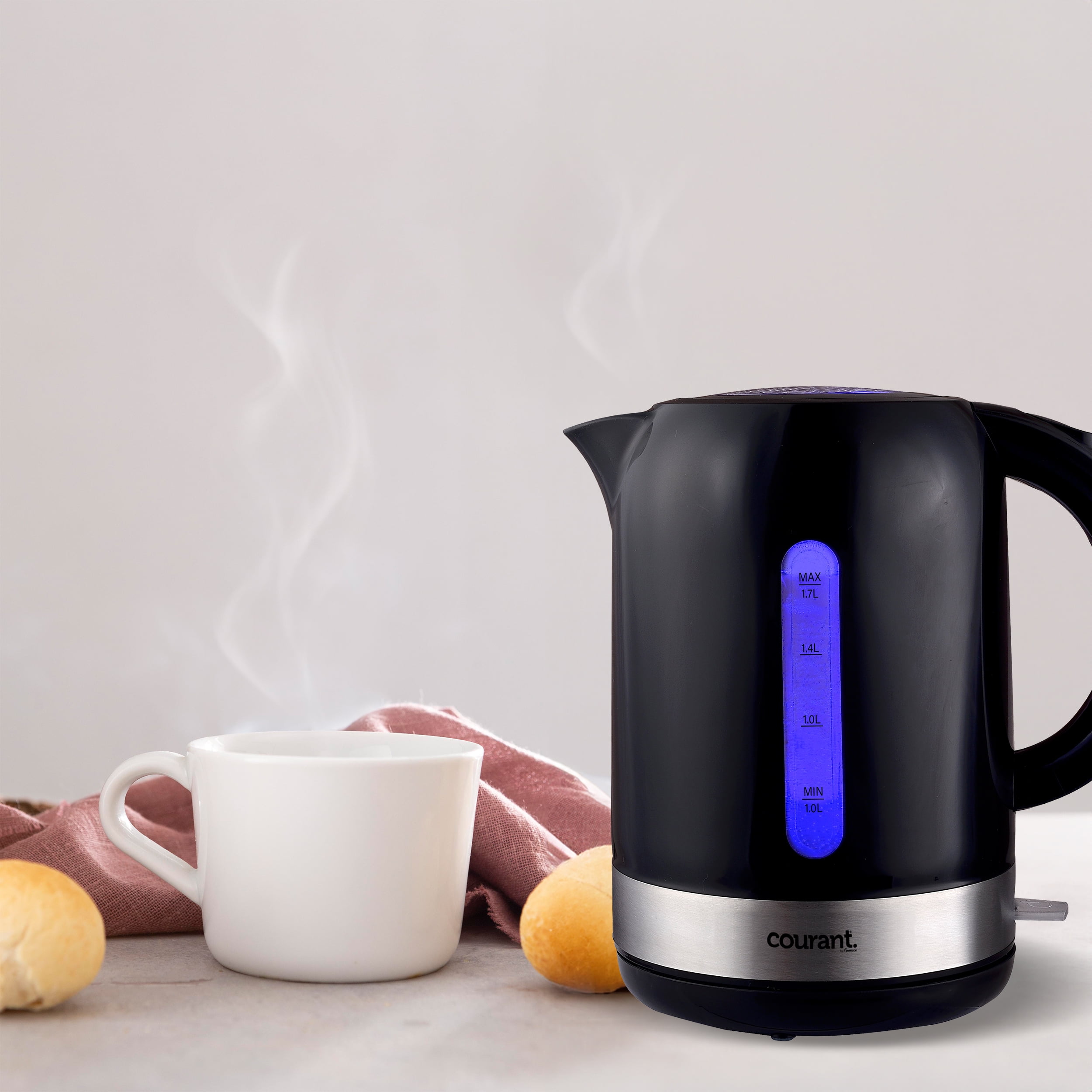 Courant Cordless 1.7 Liter Electric Kettle, LED Indicator, Washable Filter, Durable, Lightweight, New, Black