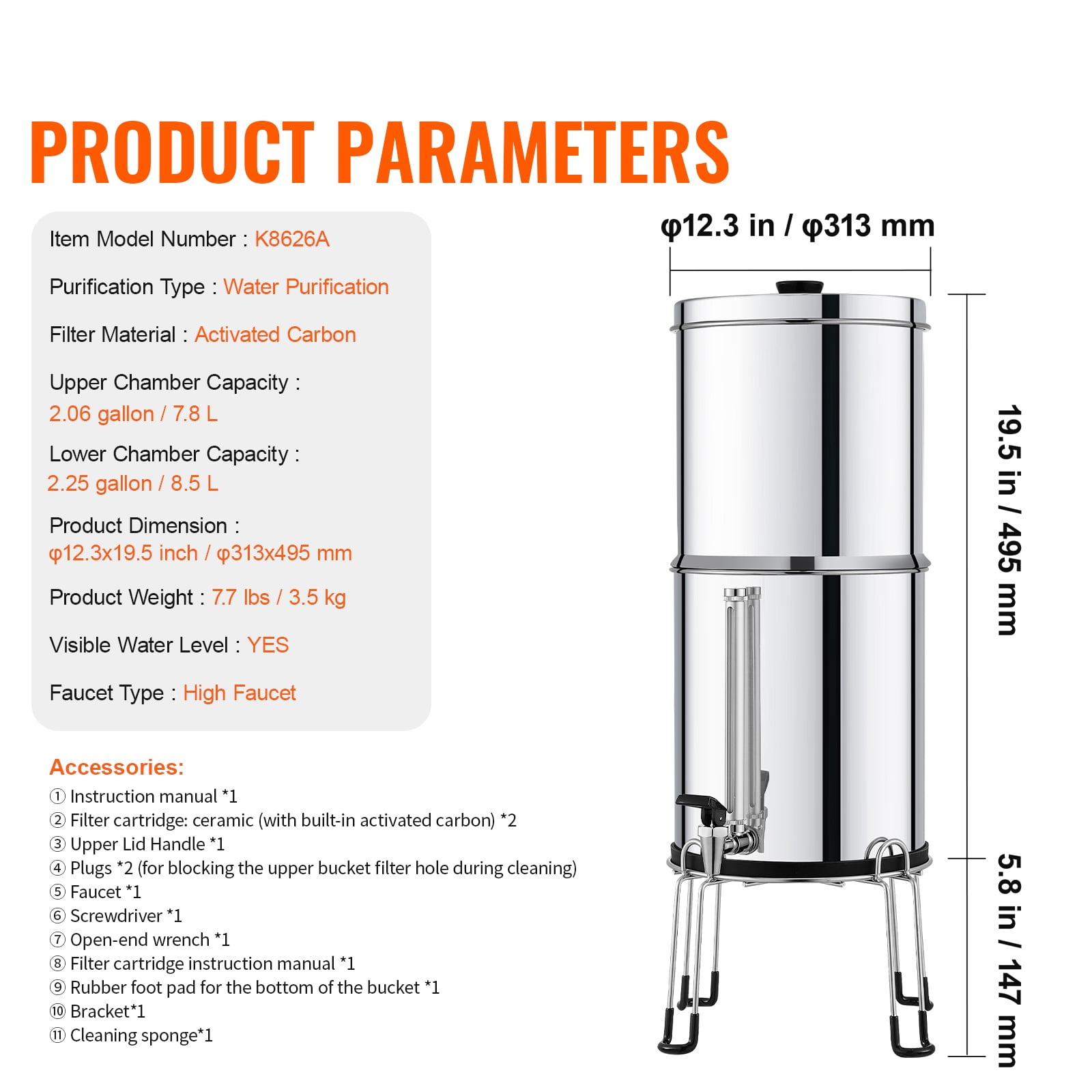 KFFKFF Water Purification Unit, Gravity-Driven, 2.25G 304 Stainless-Steel Tabletop Water Cleaner, Diminishes Lead and up to 99% of Chlorine, Includes 2 Ceramic Carbon Filters, Water Level Spigot