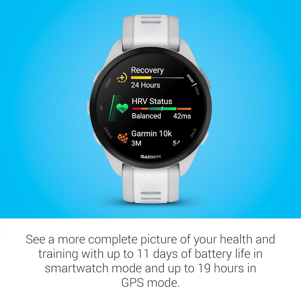 Garmin 010-02863-21 Forerunner 165 Smart Sport Watch, Mist Gray + Whitestone | Official USA Partner Model | Bundle with Sport Towel + Deco Essentials Wearable Commuter Front and Rear Safety Light