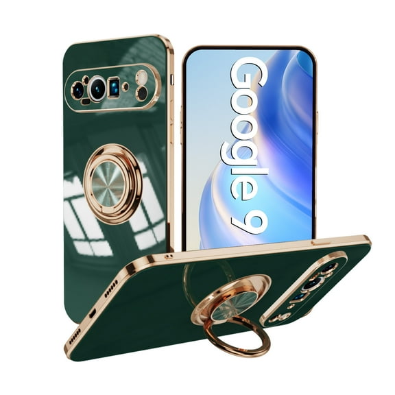 Case for Google Pixel 9 Case with Ring Stand [360° Rotatable Ring Holder Magnetic Kickstand][Support Car Mount] Plating Rose Gold Edge Soft Flexible TPU Luxury Phone Case Cover, Darkgreen
