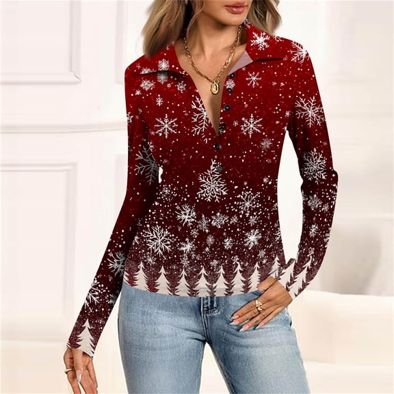Women's Fashion Casual Vintage Christmas Printed V-Neck Long Sleeve Button-Down Polo Shirt Top, Holiday Blouse, Collared T-Shirt,Deep Red,M