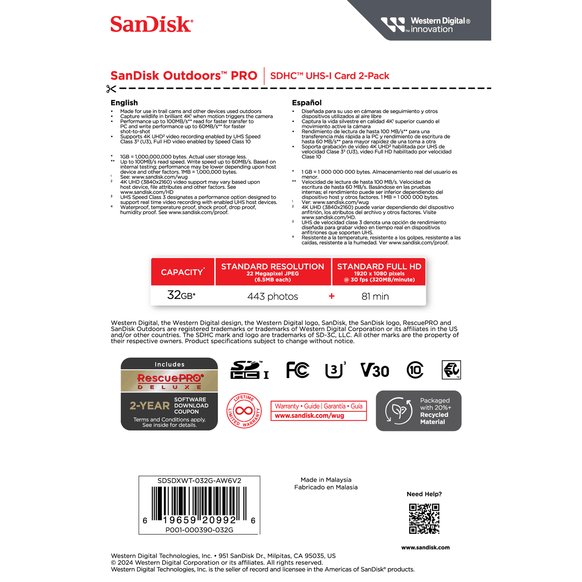 (4 pack) SanDisk 32GB Outdoors Pro Memory Card, 2 Pack, SD 4K UHS-I, U3 Card - SDSDXWT-032G-AW6V2