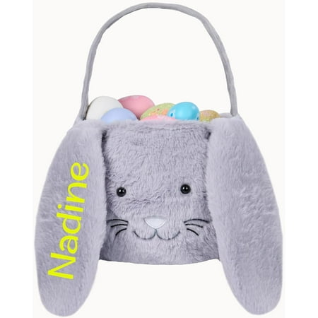 Personalized Easter Basket - Custom Bunny Basket Plush Handle Large Capacity, Vivid Embroidered Face Features With Longears, Perfect For Personalized Easter Gifts