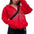 thumbnail image 1 of Rhinestone Spider Web Print Hooded Sweatshirt for Women with Zipper, 1 of 4