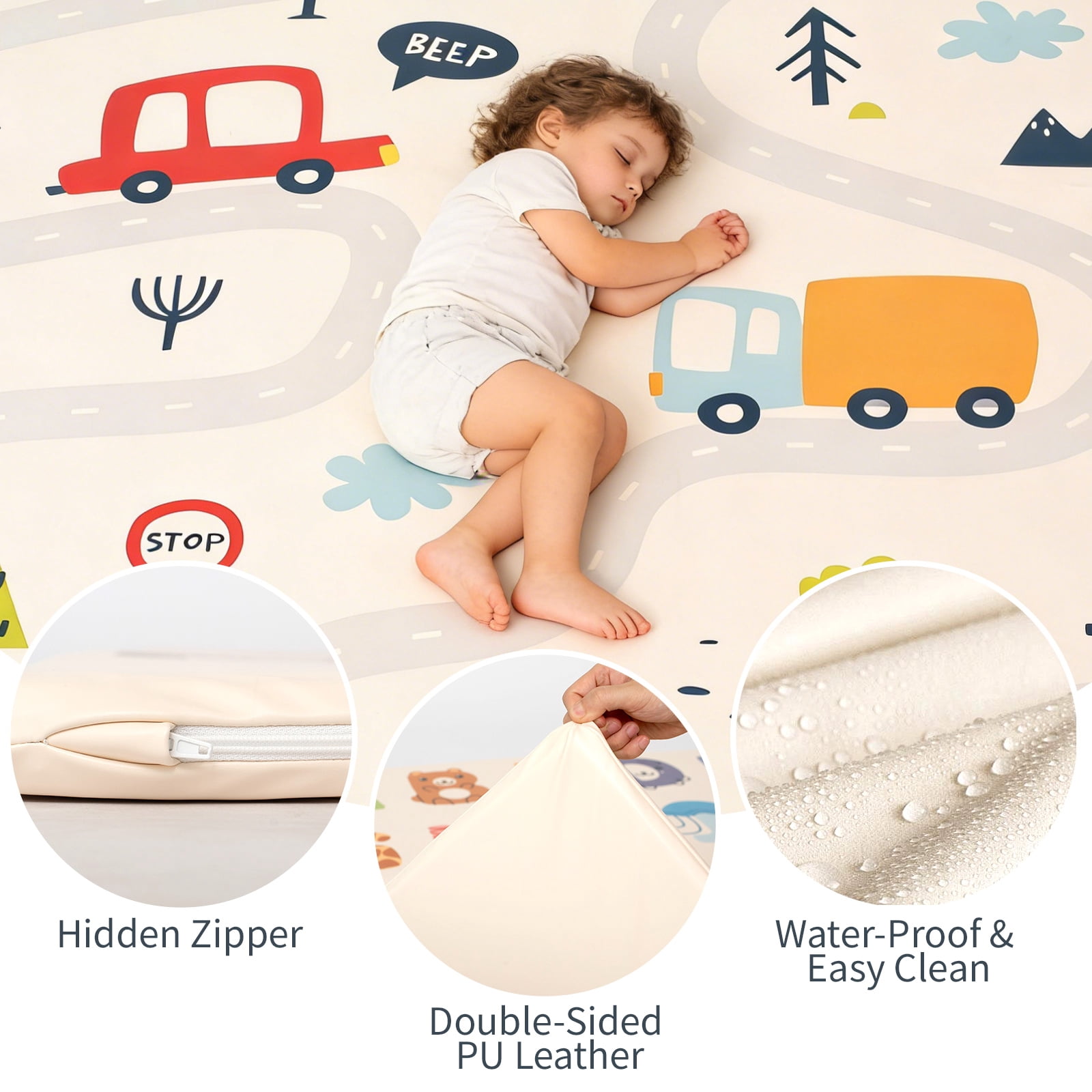 PU Leather Baby Play Mat, 50x50 Thick Foam Cushioned & Waterproof Playpen Mat for Infants and Toddlers (Double-Sided PU, Car)