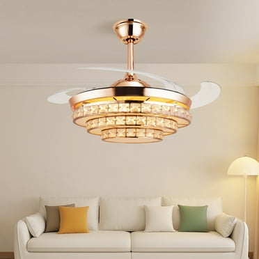 47" Invisible 3-Circle Crystal Ceiling Fan with Light Remote 4 Retractable Blades Reversible Ceiling Fan for Dining Room Bedroom Fan with Chandelier Indoor Light Kit