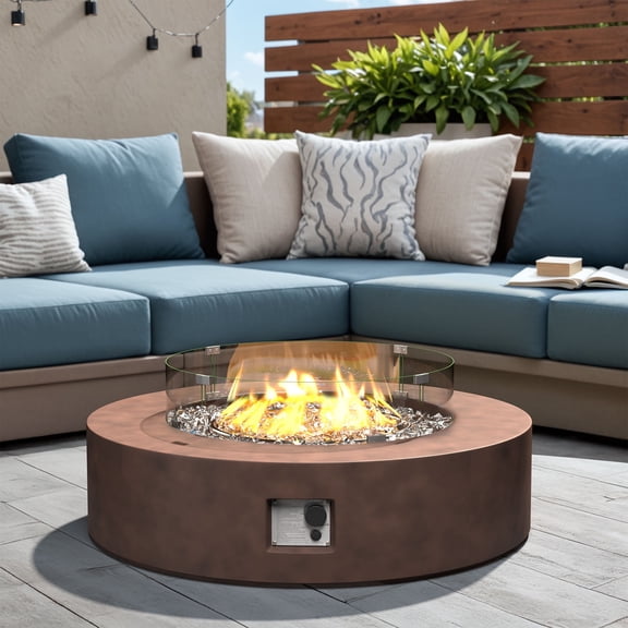 VENTOPYR MGO Outdoor Propane Fire Pit Table with Wind Guard, Transparent Gray Fire Glass, Waterproof Cover for Garden, Backyard