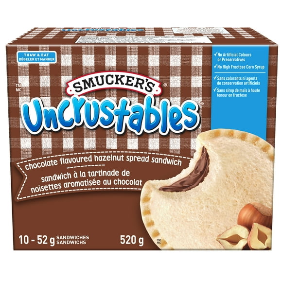 Smucker's Uncrustables Chocolate Flavoured Hazelnut Spread Sandwich, Frozen, Pack of 10, 52g, SM 52G UNCR CHO HZT SW 10PK