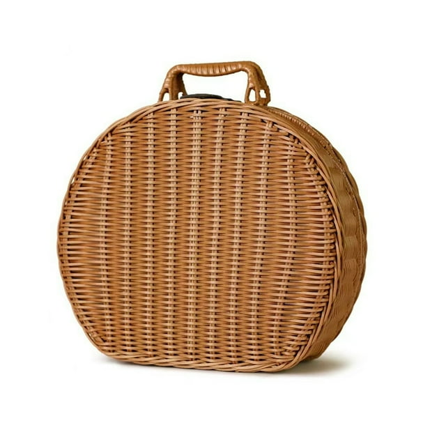 Valise Vintage Tissée Panier de Réception pour Emballage Cadeau Restauration Anciennes Voies Marron Imitation Rotin Sac de Rangement Circulaire