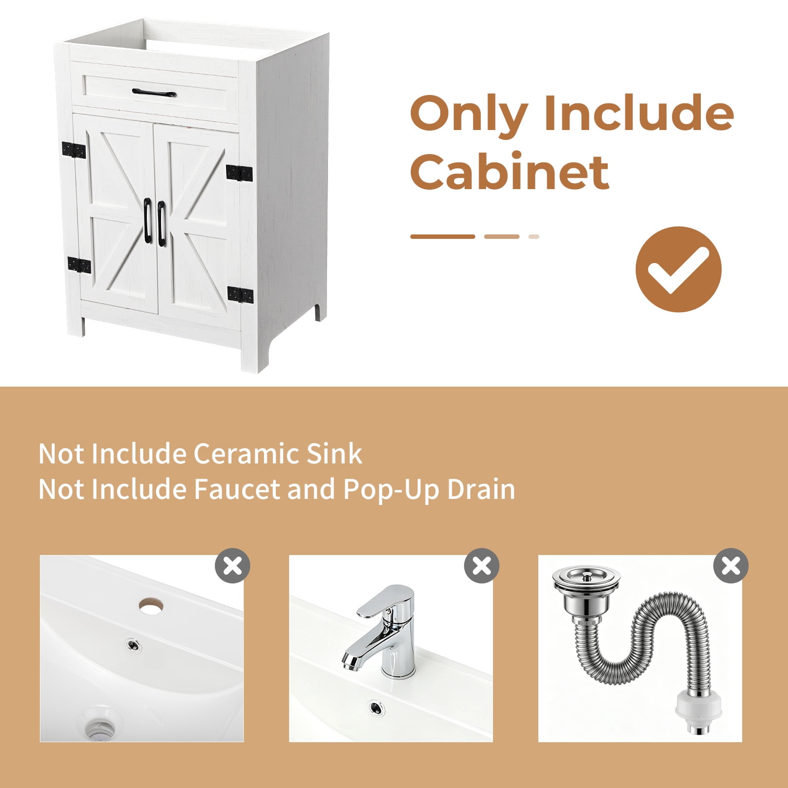Ktaxon Farmhouse 24'' Bathroom Vanity Cabinet without Sink Ceramic Top, Washed White (Only Cabinet)