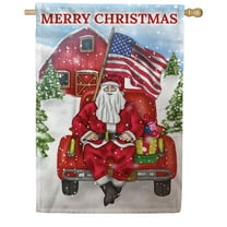 America Forever Country Santa Pickup Truck House Flag, 28 x 40 inch Double Sided, Santa Red Truck Presents USA Flag Barn Snow, Christmas Holiday Outdoor Decor, Patriotic Yard Decorations Flag