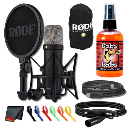 RODE NT1 5th Gen Cardioid Condenser Microphone (Black), XLR/USB Hybrid | Studio Recording   Cable Ties   Microfiber Cloth   Cleaner