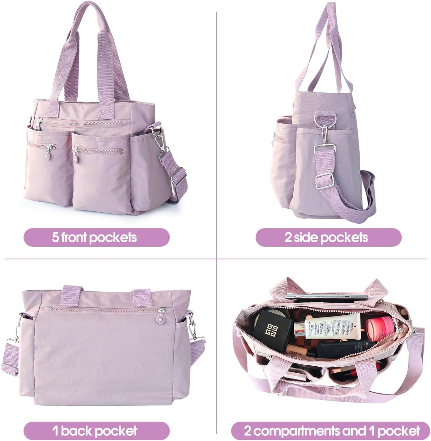 Canvas Tote Bag with Multi Zipper Pockets Crossbody Tote Bag for Women Large Shoulder Handbag Tote Bag with Compartments