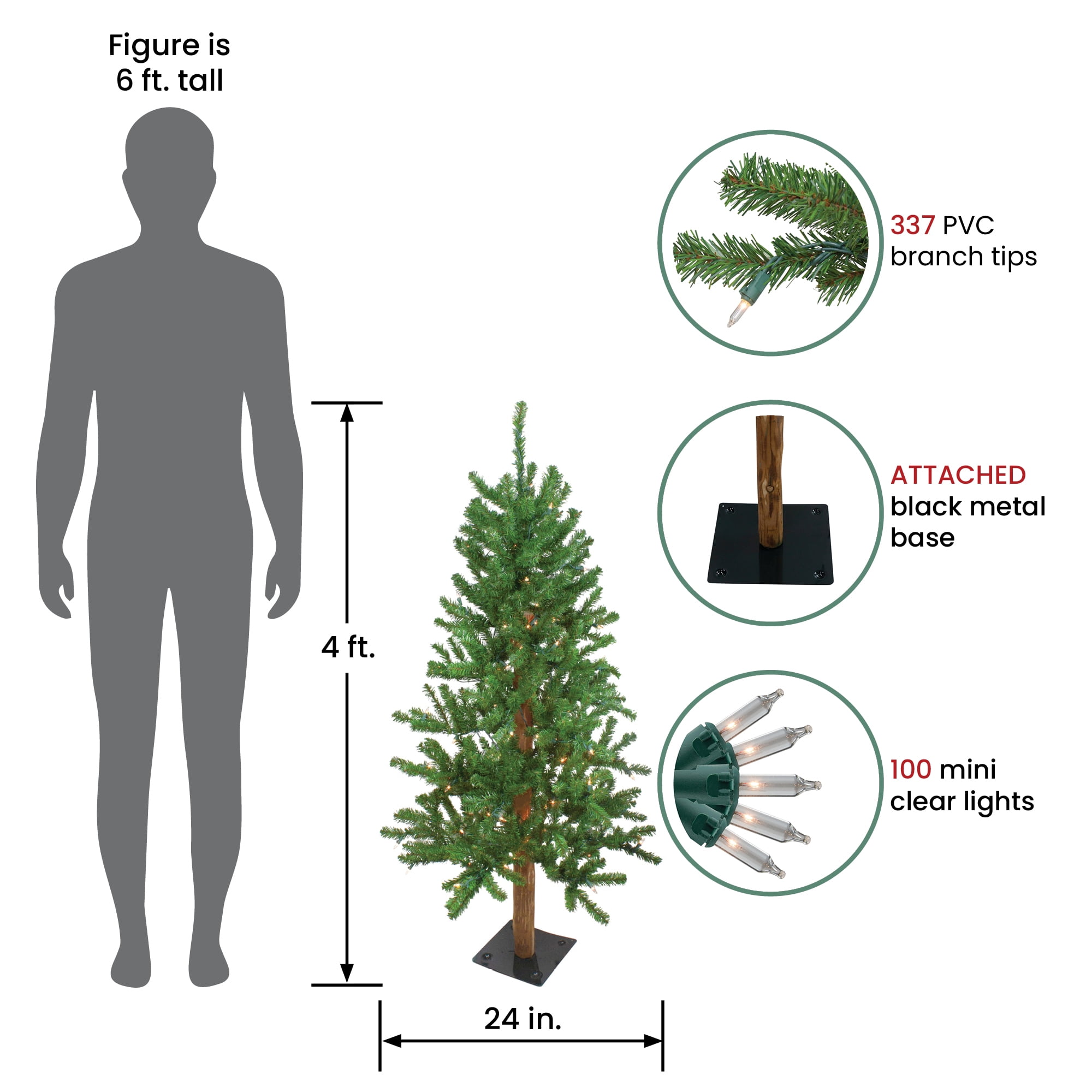 Pre-Lit Medium Alpine Artificial Christmas Tree - Clear Lights 4 Foot