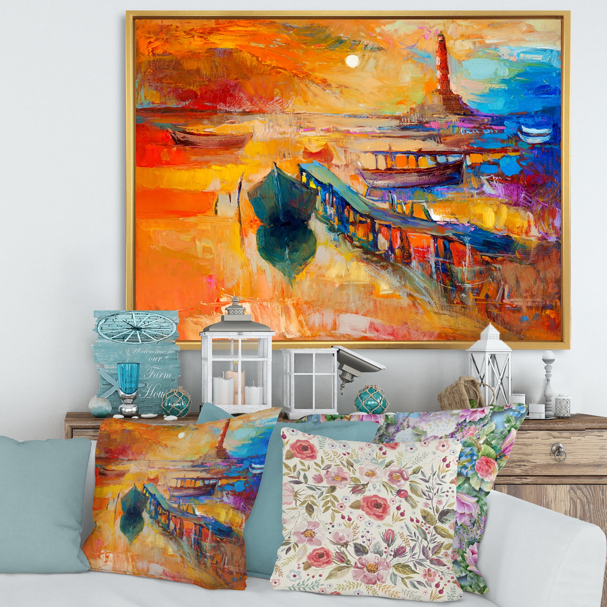 Designart 'Boats Near Coastal Town Resting On The Water III' Nautical & Coastal Framed Canvas Wall Art Print