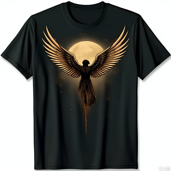 Vintage Black T-Shirt with Intricate Bird in Graphic & Moon Design