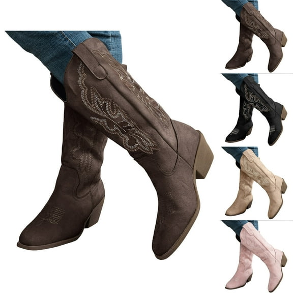 Pandaie Cowboy Cowgirl Boots for Women Chunky Heel Wide Calf Knee High Boot Embroidery Pull on Western Booties Black 6