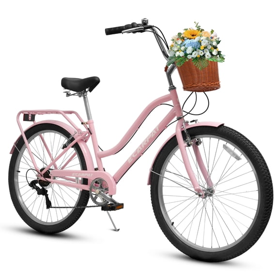 Ecarpat 26 Inch Beach Cruiser Bike for Mens Womens Adult, Womens Bicycle with Rattan Front Basket, Mens Bybrid Bicycle, 7-Speed Comfort Commuter Bikes with Adjustable Seat and Dual V-Brake