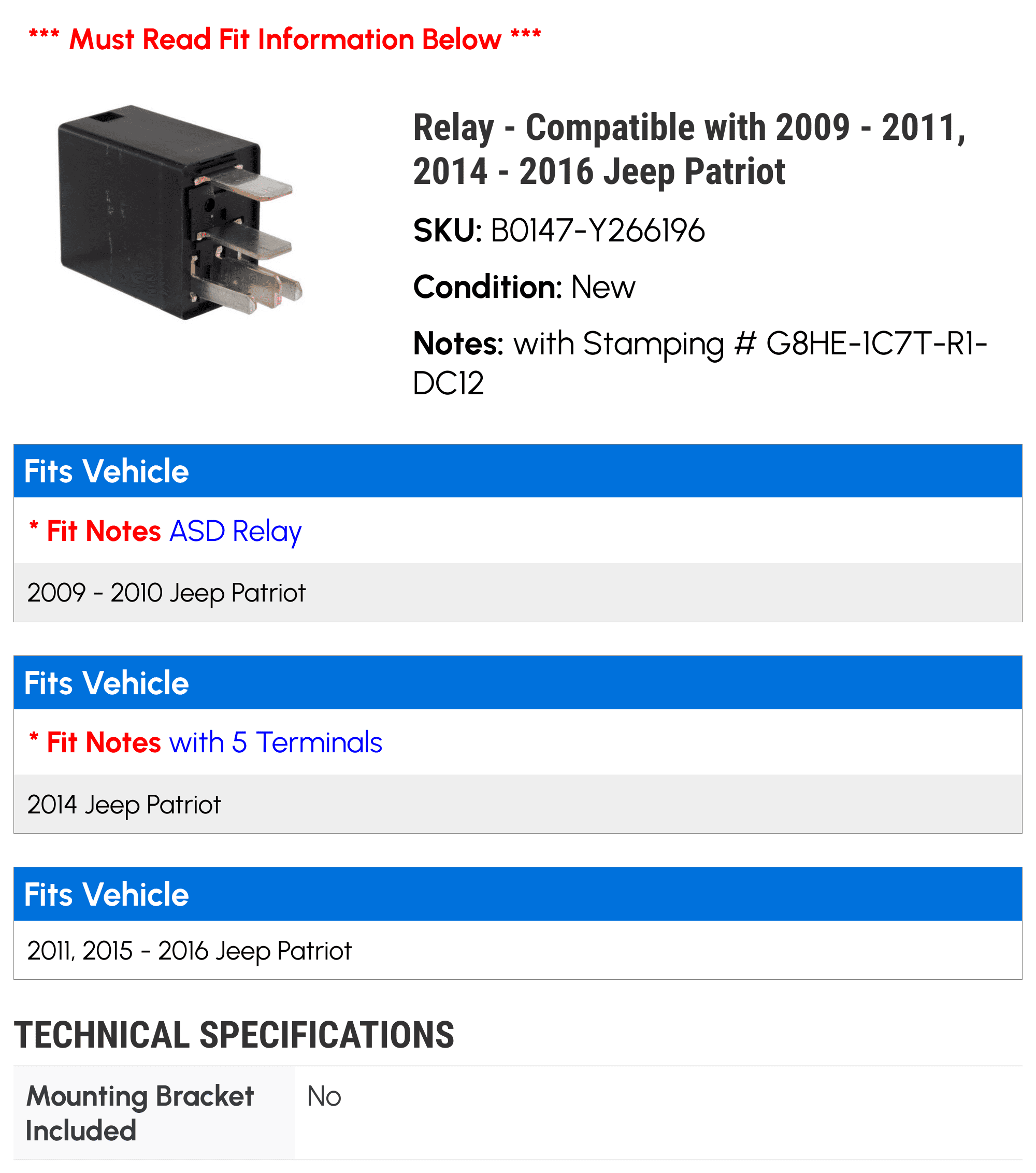 Relay - Compatible with 2009 - 2011, 2014 - 2016 Jeep Patriot 2010 2015