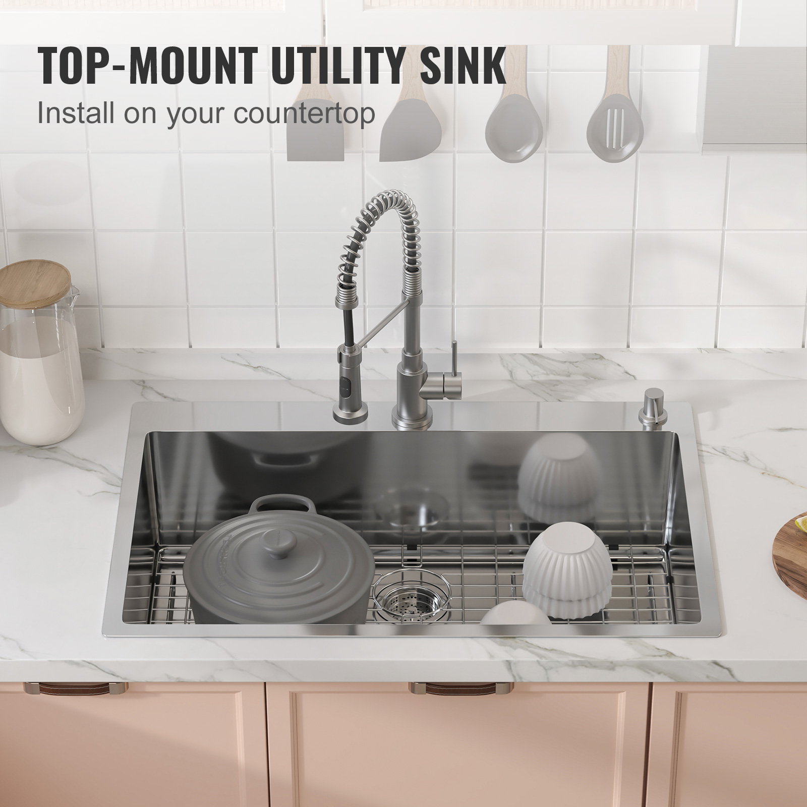 BENTISM 33" x 22" Kitchen Sink Top Mount Single Bowl Basin Stainless Steel Kitchen Bar - image 5 of 10