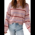 thumbnail image 2 of Suéter de Mujer con Borde Acanalado A Rayas, Larga, Cuello Redondo, Hombros Caídos, Suéteres de Otoño Rosa L, 2 of 6