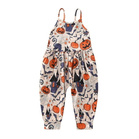 

Zhuashum Girls Romper Toddler Baby Pumpkin Printings Jumpsuit Round Neck Sleeveless Outfits Holiday Summer Sweet Girl Clothings Brown 1-2 Years