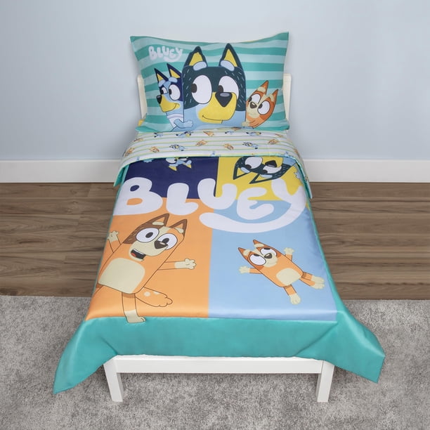 Juego de ropa de cama para niños pequeños Bluey, sábana de 4 piezas, azul