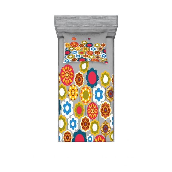 Floral Bedding Set with Sheet & Covers, Flower Heads in Circular Shapes Modern Colorful Summer Girls Graphic Print, Printed Bedroom Decor 2 Shams, 4 Sizes, Multicolor, by Ambesonne