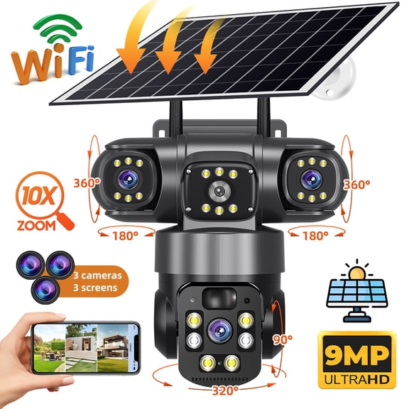 Welan Triple Lens Solar WiFi Security Camera, Motion Alert, Night Vision, Outdoor/Indoor Security