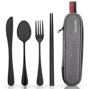Travel Utensils with Case, Quatish Portable Silverware Set for Work, Lunch Box Reusable Travel Cutlery Set for Camping, 304 Stainless Steel Fork and Spoon Set(Black)