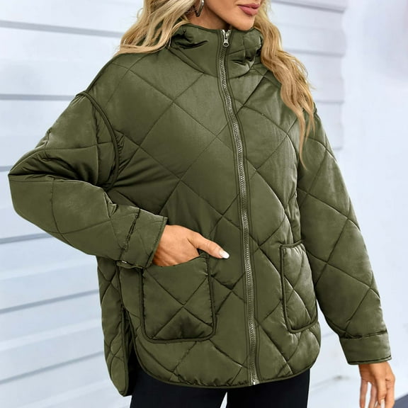 Fnooota Womens Puffer Jacket, Hooded Zip up Warm Mid Length Winter Coats Outerwear Army Green Size L