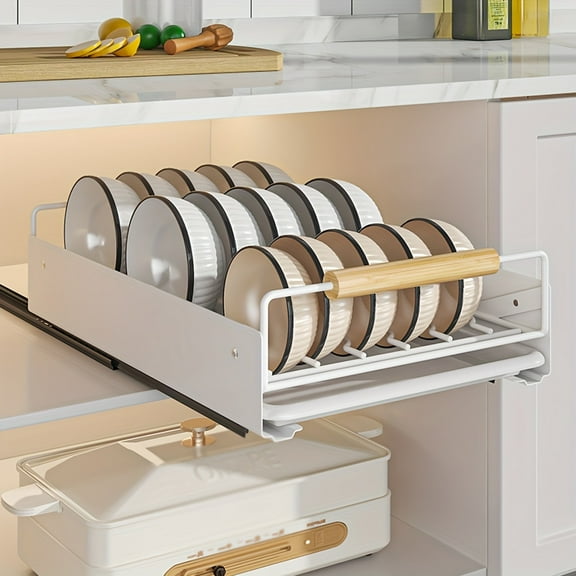 Heavy Duty Pull-Out Cabinet Organizer - Metal Sliding Drawer with Drainboard & Shelves for Plates, Bowls, Utensils - No Assembly Required, Space-Saving Dish Drying Rack for Kitchen Counter & Storage