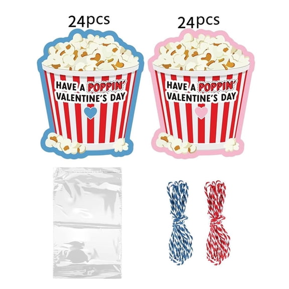 Pekkaxy Valentine's Day Favor Kit, 24 Popcorn Cards & Twine, for Classroom Treats and Party Gifts