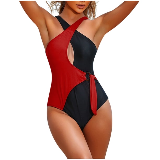 Trajes de Baño de Cuello Alto para las Mujeres, Correa de Bloqueo de Color de Moda, con Cojín de Pecho Traje de Baño sin Espalda