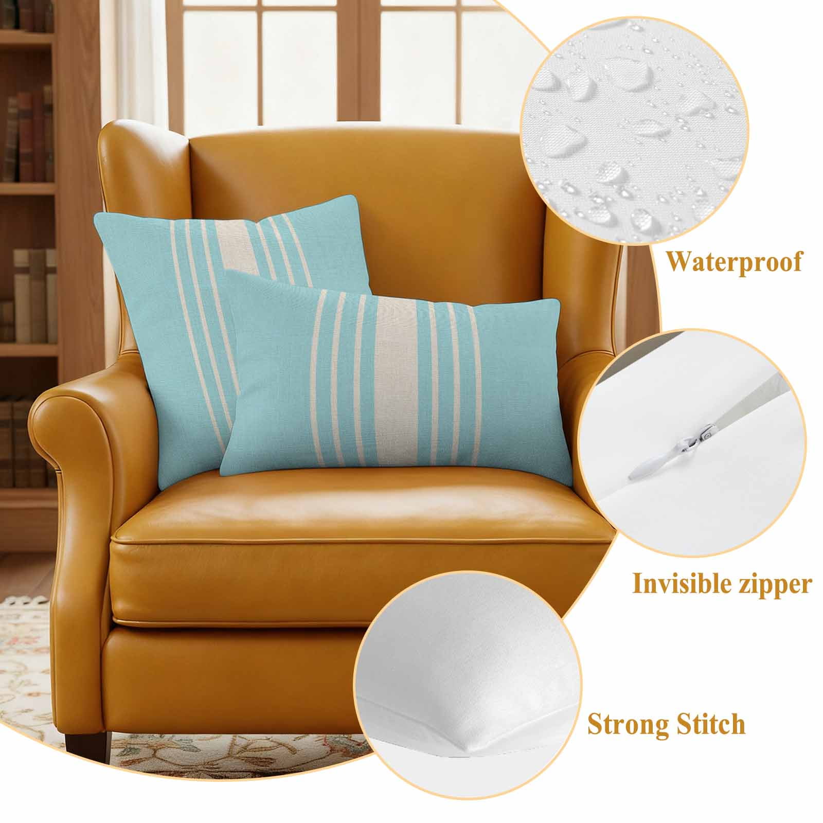 Aqua Beige Striped Outdoor Waterproof Pillow Covers, Modern Farmhouse Retro Lines Decorative Square Throw Pillowcase Sofa Cushion Sham for Patio/Couch/Chair, 26"x26" 2 Pack