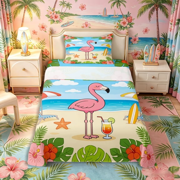 Castle Fairy Cartoon Beach Flamingo Twin Sheets 3pcs,Cocktail Hibiscus Tropical Border Bedding,Pink Sand,1 Fitted Sheet,1 Flat Sheet and 1 Pillowcase