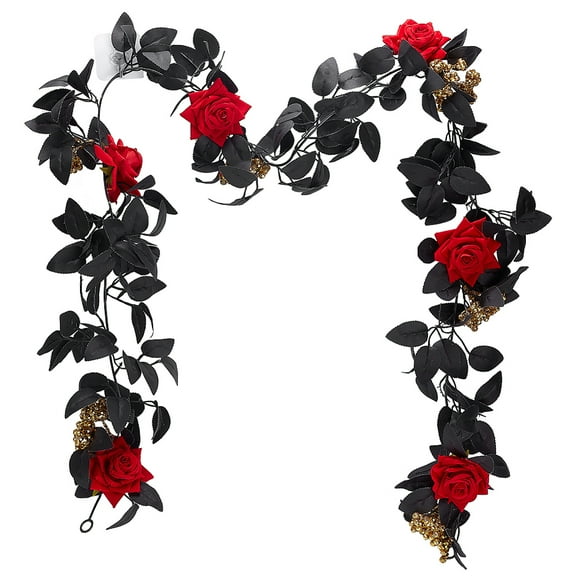 1pc 5.7ft Artificial Black Rose Vine Red Flower Vine Garland Floral Wall Hanging Ornaments Garland with Golden Berries Black Leaves for Table Centerpiece Room Mirror Decor