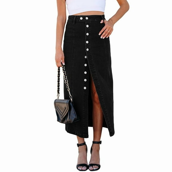 2025 Women's High-Waisted Denim Midi Skirt - Trendy Button-Front Asymmetrical Slit Skirt Y2K Vintage Inspired A-Line Casual Skirt(S-XL)