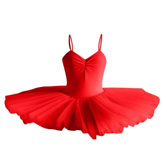 AUNVITO Girls Dance Practice Tutu Dress Soft Tulle Layered Net Skirt with Ribbon Trim Sleeveless V-Neck Princess Style Performance Costume for 1-14 Years