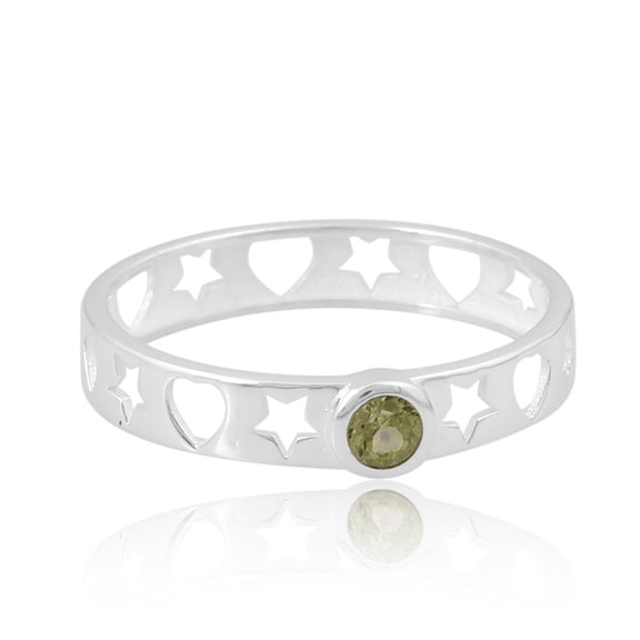 925 Sterling Silver Peridot Cut Round 3mm Gemstone with Star & Heart Ring for Women
