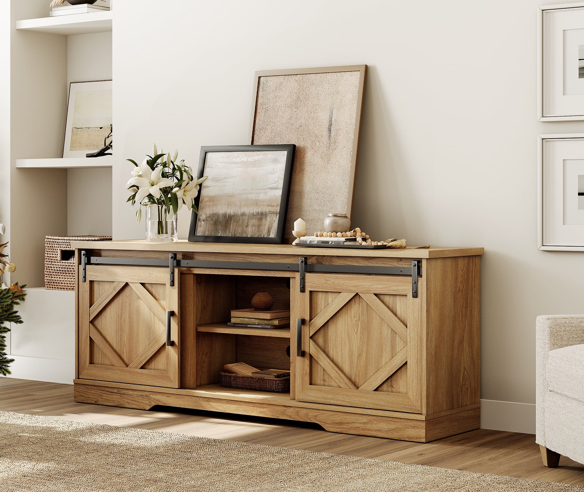 WAMPAT Farmhouse TV Stand with Sliding Barn Door for 75" TVs, Entertainment Center with Adjustable Shelf and Storage Cabinets, Media Console Table for Living Room,Hallway,Vintage Oak