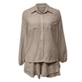 thumbnail image 5 of Cagogo Women's 2 Piece Puff Sleeve Shirt Set Elastic Waisted Shorts Casual Solid Basic Matching Lounge Outfits Summer Cruise Travel Clothes, Khaki S, 5 of 7