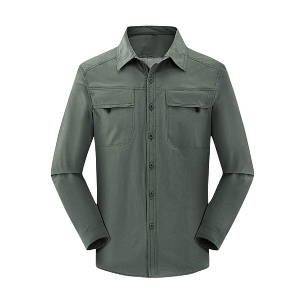 Blusa y camisa de manga larga con cuello vuelto para hombre, estilo casual, color liso, bolsillos cargo, botones y cremallera, blusa de manga larga con cuello vuelto, blusa de poliéster para hombre