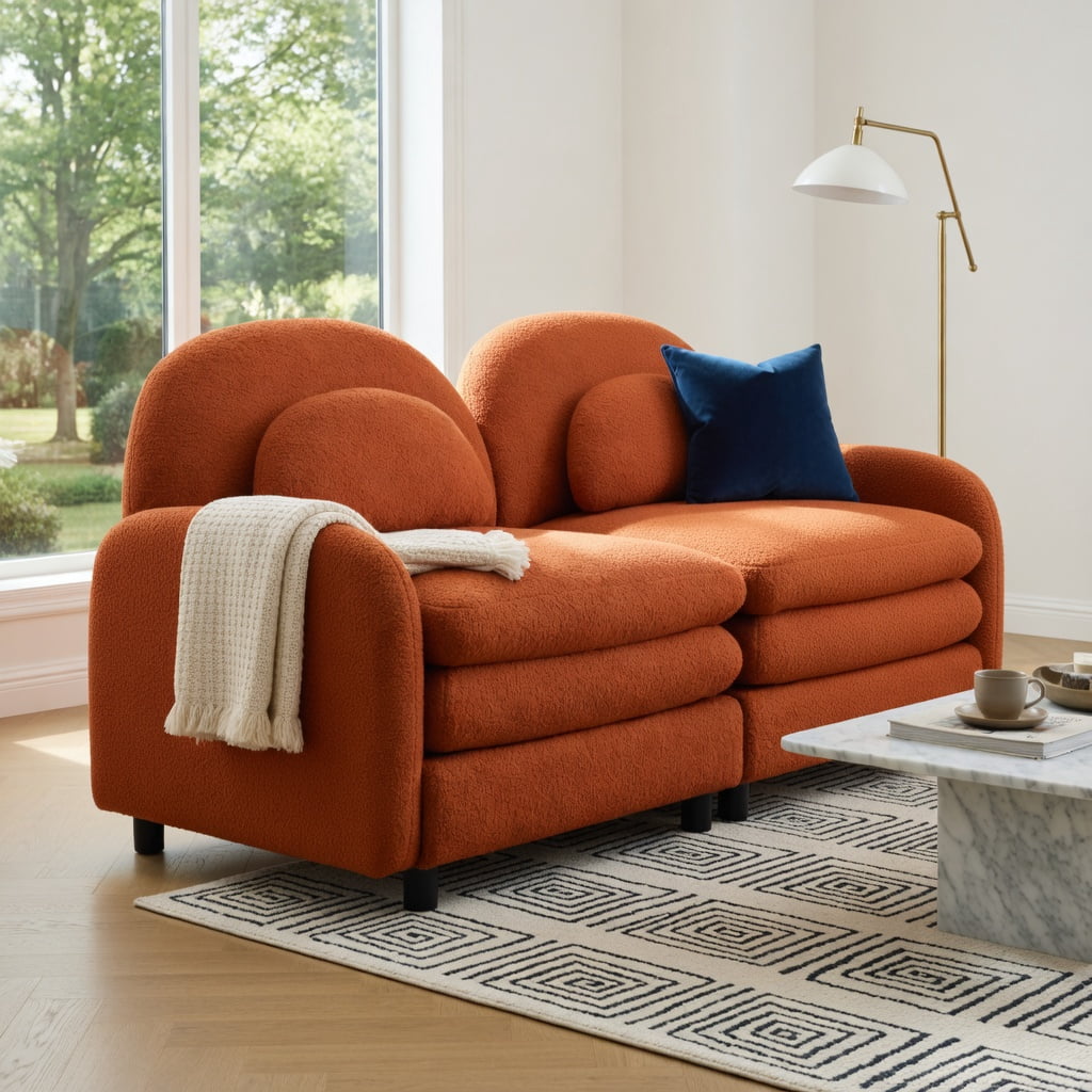 Hommoo Teddy Fleece 2-Seat Modular Loveseat Sofa with Movable Ottoman, Cloud-Like Double-Layer Cushions & Curved Lumbar Pillows, Orange