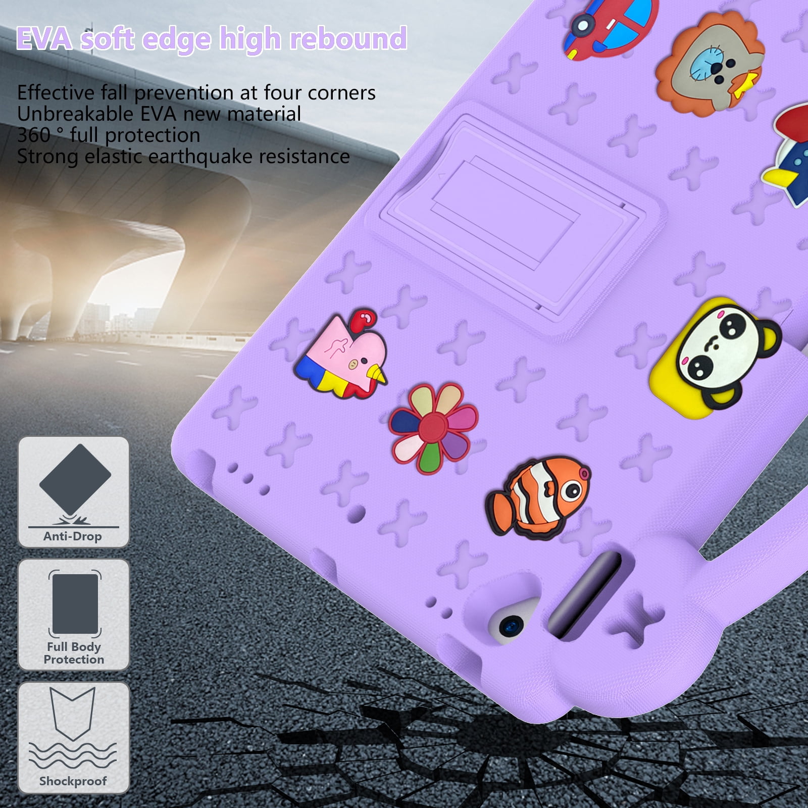 ELEHOLD Kids Case for iPad 9th/8th/7th Gen (2021/2020/2019)10.2 inch, EVA Foam Cute Cartoon Case with Built-in Kickstand Pencil Holder Shockproof Portable Case for iPad 10.2",Lightpurple