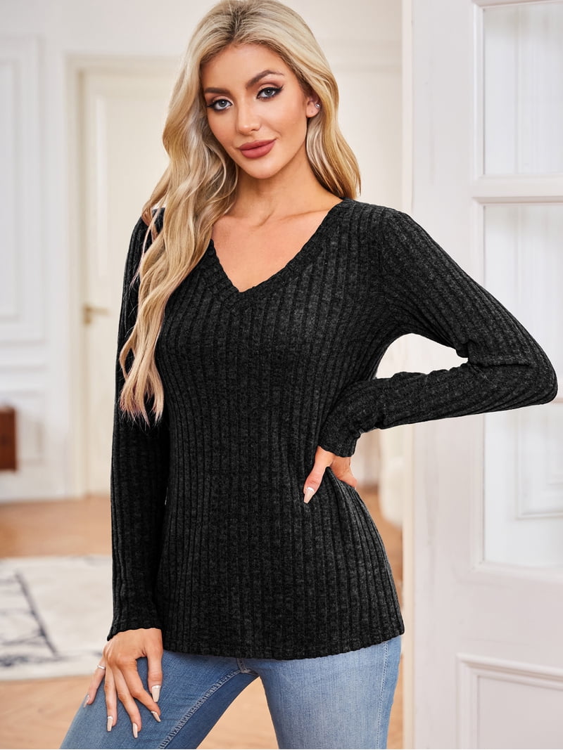 JYLFC Womens Tops V-Neck Long Sleeve Brushed Cotton Sweater, Black M